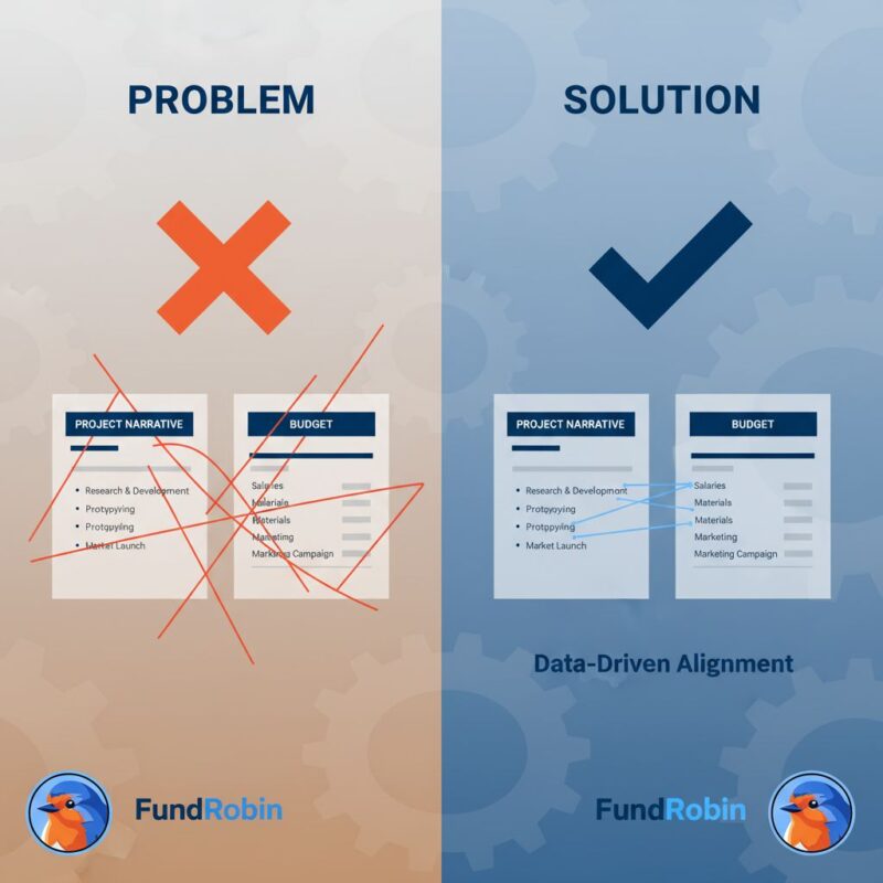 Infographic showing the difference between a misaligned grant budget and narrative versus a budget that is perfectly aligned with the project narrative.