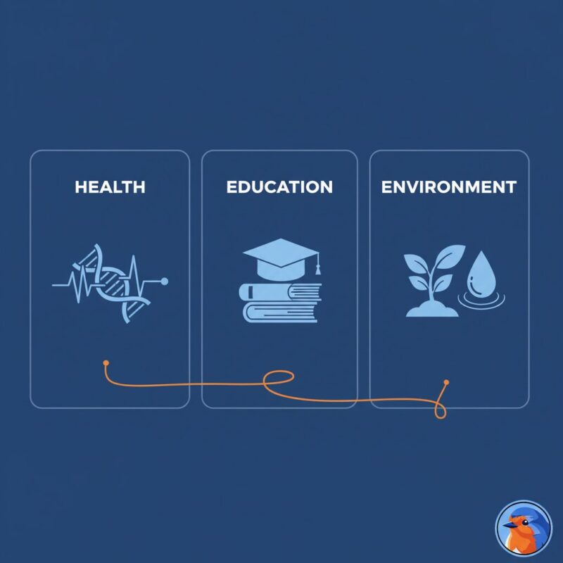A triptych illustration showing icons for three nonprofit sectors: a DNA helix for Health, a graduation cap for Education, and a leaf for Environment.
