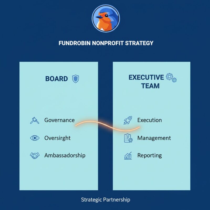 Chart comparing the roles of a nonprofit Board (Governance, Oversight, Ambassadorship) versus the Executive Team (Execution, Management, Reporting).
