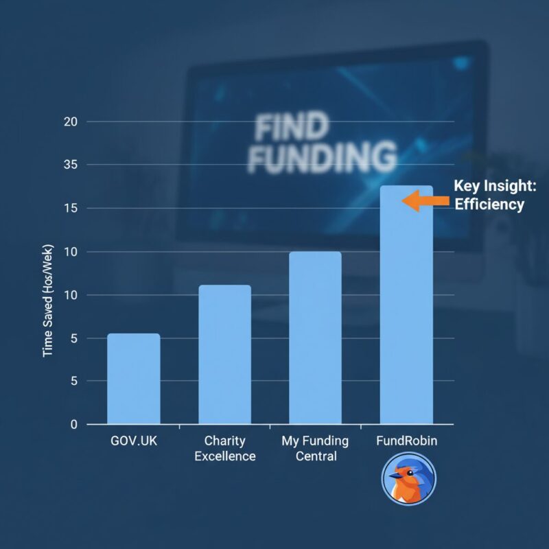 A professional corporate-style bar chart comparing four UK grant funding databases. The design is clean and authoritative with a deep blue background. Four vertical bars in light blue represent 'GOV.UK', 'Charity Excellence', 'My Funding Central', and 'FundRobin'. The chart compares them on a key metric like 'Time Saved'. An arrow in a bold orange color points to the 'FundRobin' bar, highlighting it as a key insight. The chart includes a clean, modern digital screen in the background spelling out the words "Find Funding".