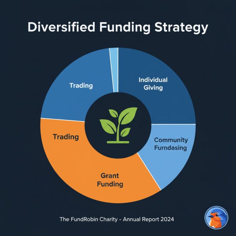 A professional corporate donut chart visualizing a diversified funding strategy for a charity. The chart is set against a deep blue background, establishing credibility. The segments of the chart are in shades of light blue and deep blue, representing 'Individual Giving', 'Community Fundraising', and 'Trading'. One key segment, representing 'Grant Funding', is a vibrant orange, highlighting it as a key insight. In the center of the donut chart, a clean icon of a growing plant symbolizes sustainability and growth.