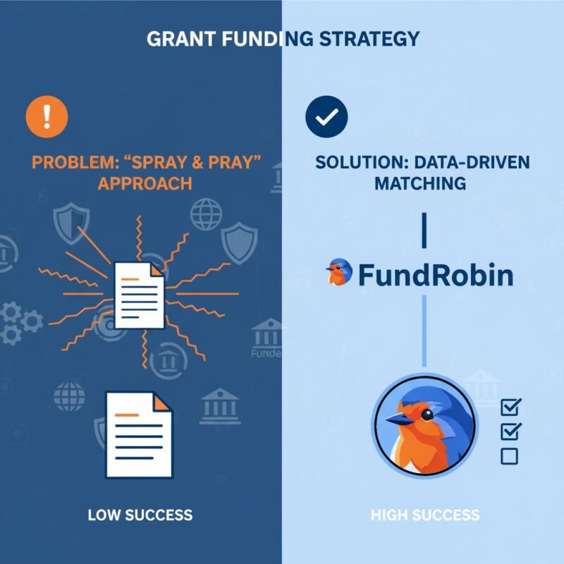 Infographic comparing a chaotic 'spray and pray' grant application strategy with a focused, targeted alignment strategy.