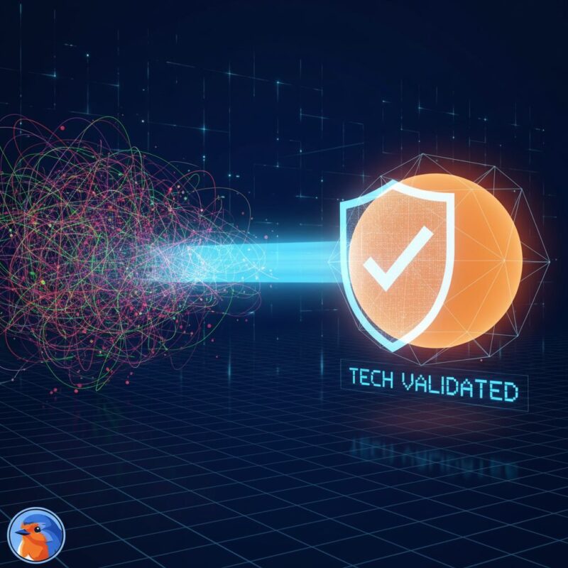 A modern and clean tech-forward visual metaphor for de-risking. On the left, a complex and chaotic tangle of digital lines represents a high-risk idea. A light blue beam scans it, transforming it into a solid, stable, glowing orange core on the right. A holographic light blue shield with a checkmark appears over the core, with a digital display spelling out the words 'Tech Validated'. The background is a deep blue digital grid, conveying a modern tech aesthetic.