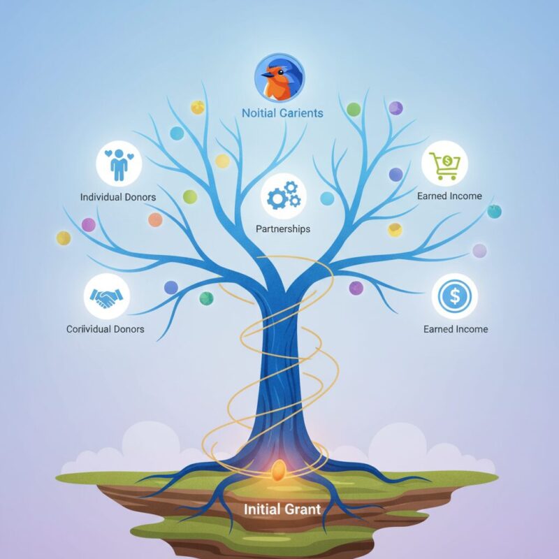 A metaphorical illustration of a tree growing from a single seed, with its branches bearing different icons representing diversified funding streams like donors and partnerships.
