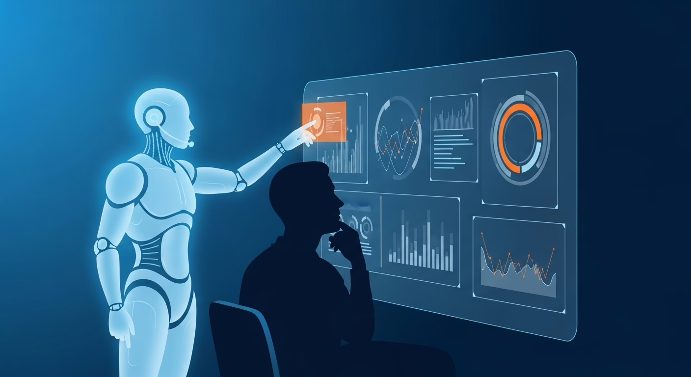 An illustration of a human fundraiser and an AI co-pilot collaborating, looking at a screen with data visualizations to represent a strategic partnership.