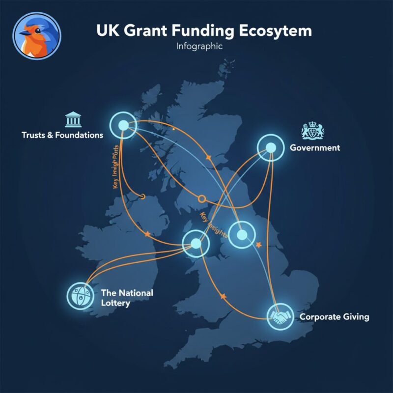 A professional and corporate infographic designed as a stylized, abstract map of the UK grant funding ecosystem. The design is authoritative, using a deep blue background. Four key regions are highlighted with glowing light blue nodes, connected by faint lines. Each node has a simple icon: a classical building for 'Trusts & Foundations', a government crest for 'Government', a lottery ball for 'The National Lottery', and a handshake for 'Corporate Giving'. Key insight points are marked with a vibrant orange, creating a map-like visual element that establishes credibility.