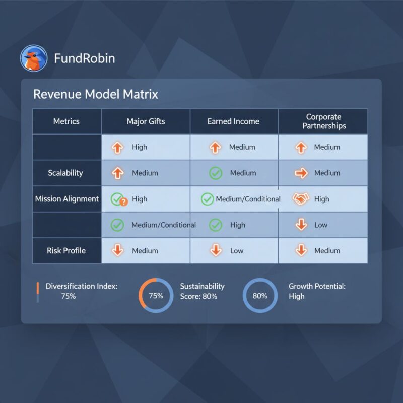 Matrix comparing nonprofit revenue models—Major Gifts, Earned Income, and Corporate Partnerships—across metrics like Scalability, Mission Alignment, and Risk Profile.