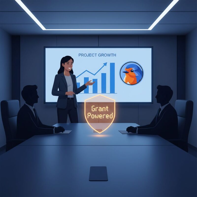 A modern and clean illustration of a confident founder pitching to two silhouetted investor figures in a sleek, deep blue boardroom. The founder's presentation screen behind them glows with a light blue light, displaying a simple, strong chart. In front of the founder is a subtle, transparent orange shield projected from the floor, symbolizing the de-risked position provided by grants. A holographic display on the shield spells out the words 'Grant Powered'. The aesthetic is tech-forward and professional.