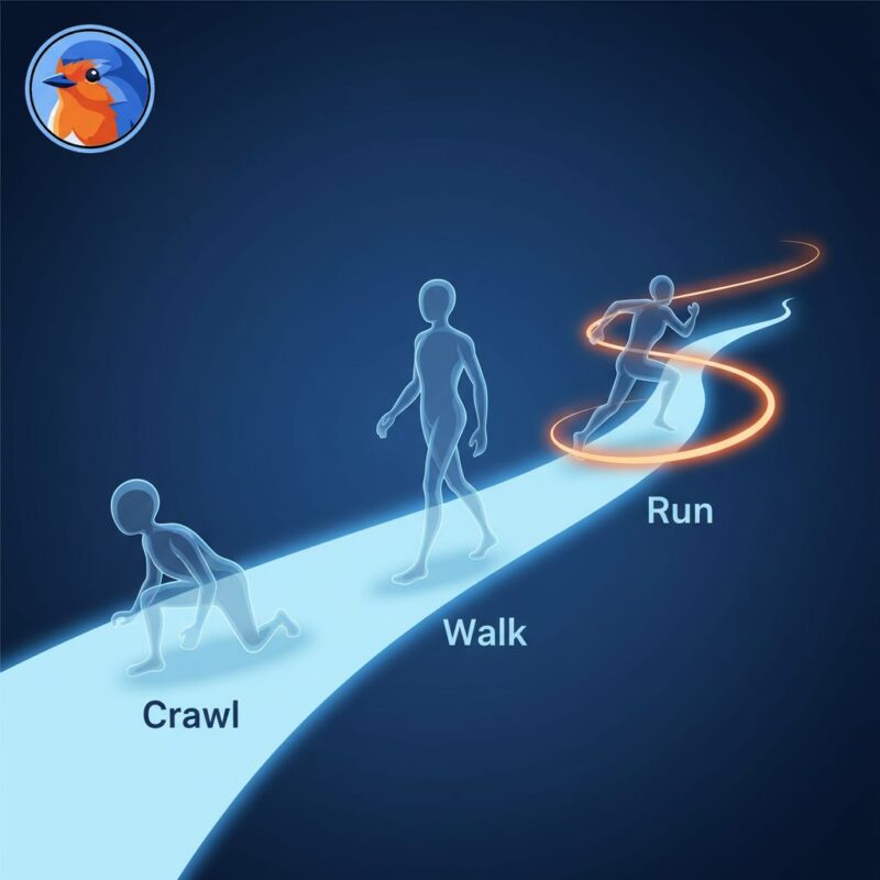 An elegant and sophisticated visual metaphor for a phased implementation plan. A glowing light blue path moves from left to right across a deep blue background. On the path, there are three distinct stages represented by abstract figures. The first figure is taking a small, deliberate step, with the word 'Crawl' in modern text below it. The second figure is moving at a steady pace, labeled 'Walk'. The third figure is in a dynamic stride, leaving a trail of innovative orange light, labeled 'Run'. The aesthetic is clean, modern, and conveys a sense of clear, manageable progress.