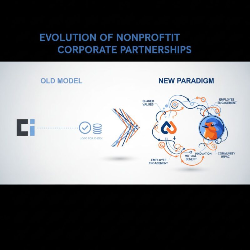 Diagram showing the evolution of corporate giving from a simple transactional 'Old Model' to a strategic 'New Paradigm' of shared values and mutual benefit.