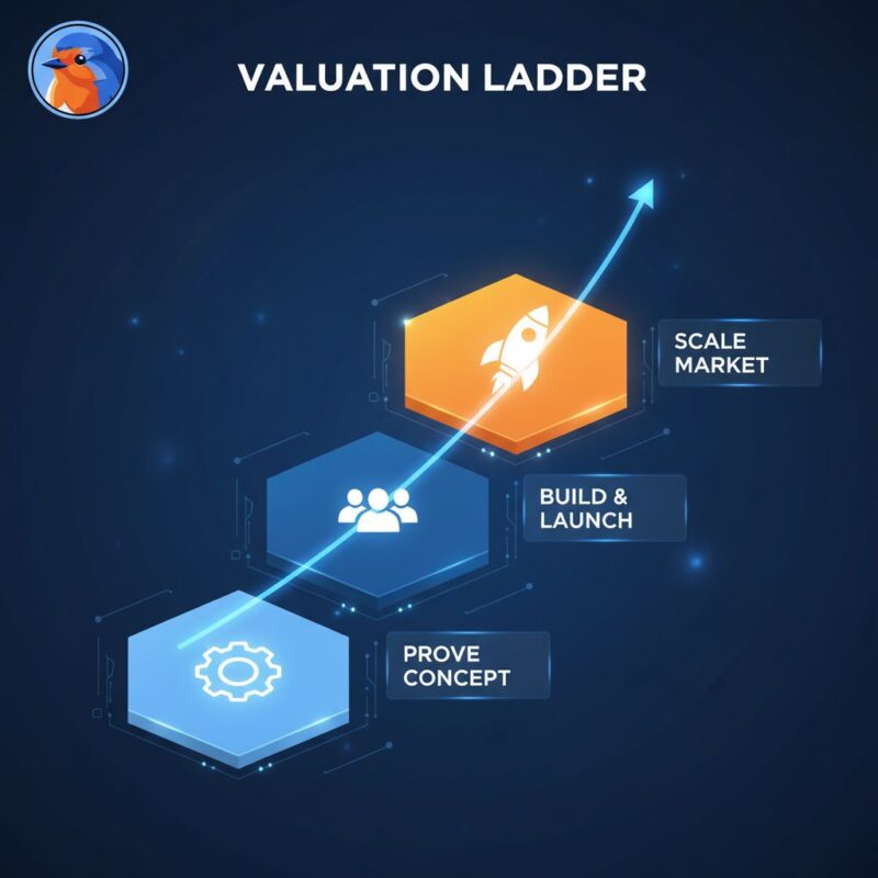 A modern and clean infographic visualizing a three-step valuation ladder against a deep blue background. Step 1, at the bottom, is light blue, shows a gear icon, and has a floating digital panel spelling out the words 'Prove Concept'. Step 2 is a darker blue, shows a team icon, and has a panel spelling out the words 'Build & Launch'. Step 3, at the top, is highlighted in orange, shows a rocket icon, and has a panel spelling out the words 'Scale Market'. A glowing line graph follows the steps, showing valuation increasing at each stage. The design is tech-forward and clear.