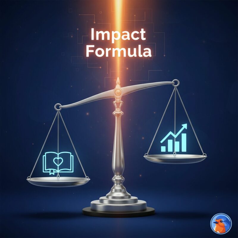 An illustration of a perfectly balanced scale, with a book icon for storytelling on one side and a bar chart icon for data on the other, symbolizing the impact formula for a winning grant proposal.