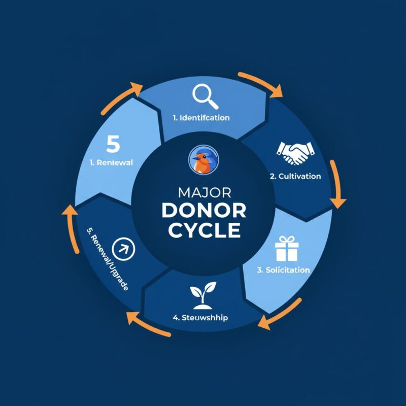Infographic of the 5-step Major Donor Cultivation Cycle: Identification, Cultivation, Solicitation, and Stewardship, shown in a circular flow.