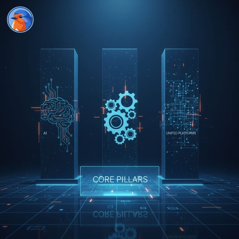 An elegant and sophisticated architectural visualization of the three technology pillars for a digital-first nonprofit. Three modern, minimalist columns stand strong on a digital plane. The first column has a subtle AI brain-circuit pattern, the second has interlocking gear motifs for Automation, and the third shows data network lines for Unified Platforms. The scene is bathed in deep blue light, with light blue technological elements and subtle orange highlights to signify innovation. A holographic display in front of the pillars spells out the words 'Core Pillars'.