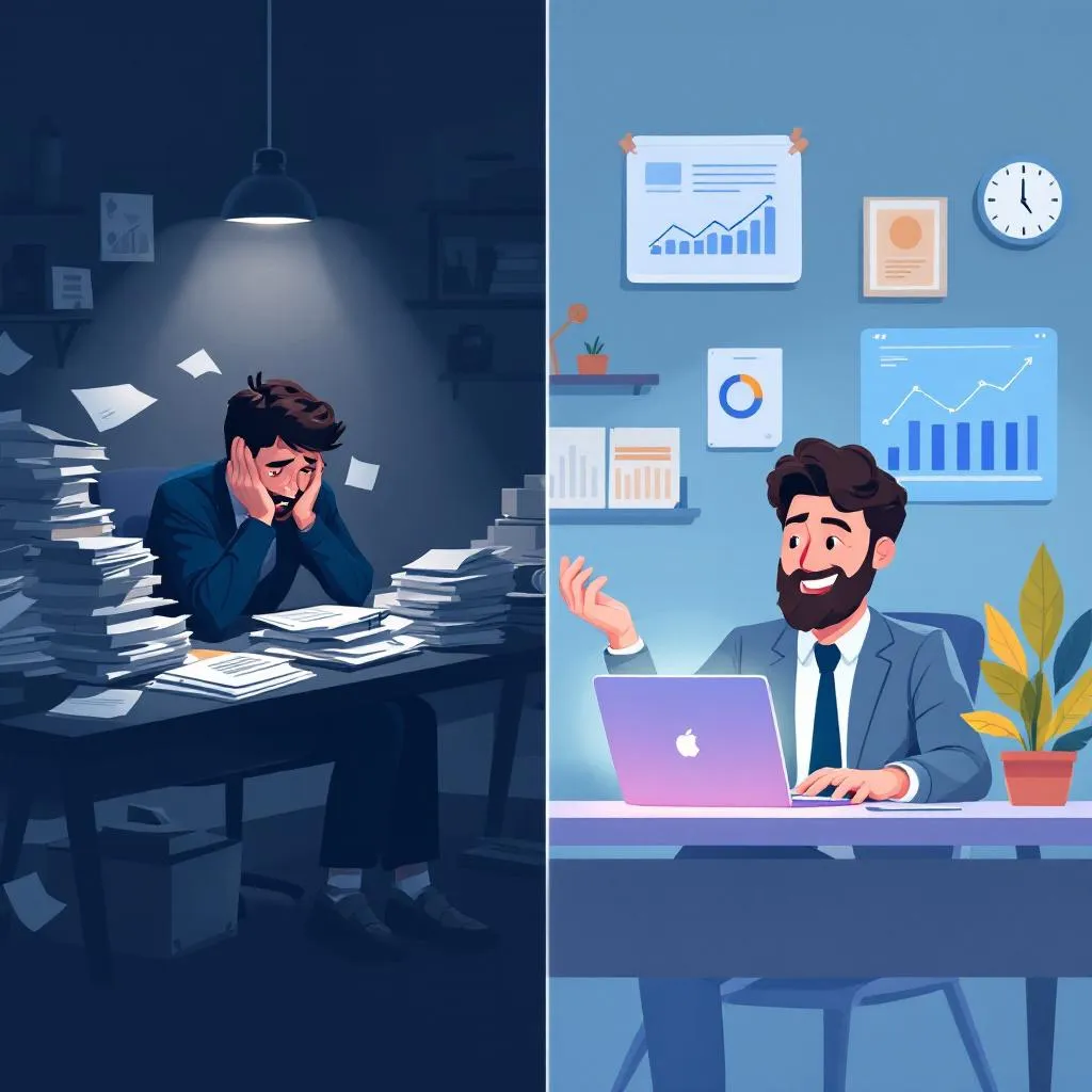 Illustration comparing a stressed nonprofit worker buried in paperwork to a confident professional using technology to efficiently manage grant applications, representing a breakthrough from burnout.