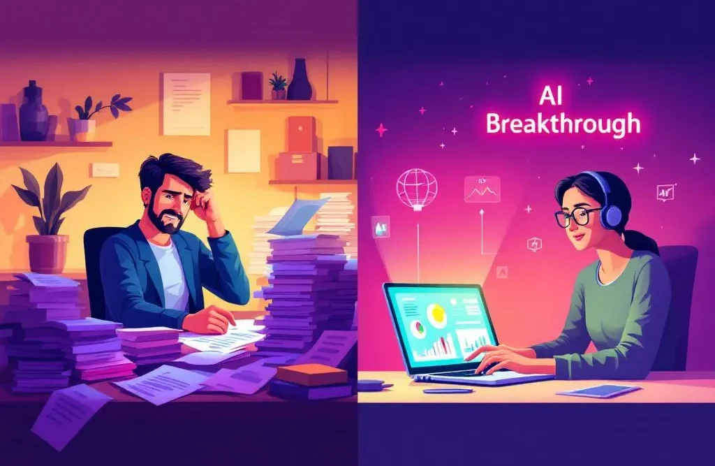From Grant Writing Burnout to AI Breakthrough Split-screen illustration contrasting the old and new grant writing process. Left side shows a stressed worker with piles of paper; right side shows a confident worker using an AI platform on a laptop with the text 'AI Breakthrough'.