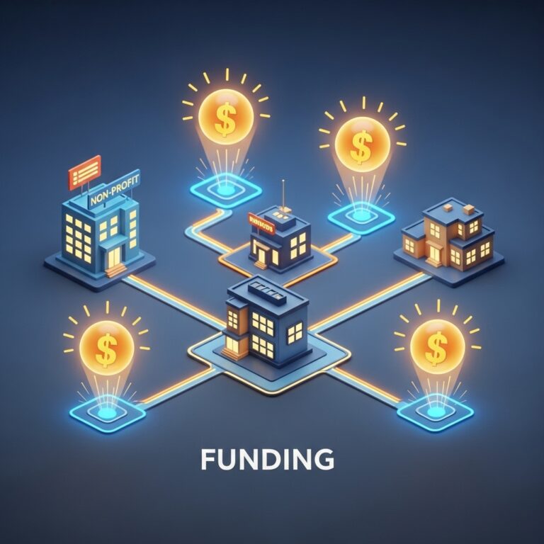 Illustration showing buildings connected by pathways to funding sources, representing FundRobin's mission to connect nonprofits with funding. Text: "FUNDING"