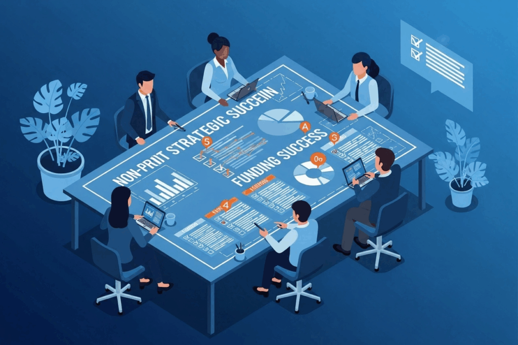 A detailed isometric illustration of a diverse team of nonprofit professionals collaborating around a large table, examining a detailed strategic blueprint for funding success. The blueprint features charts and checklist icons. The scene is in a modern corporate style, using a deep blue and light blue color palette, with key milestones on the blueprint highlighted in orange. High-quality, professional, clean