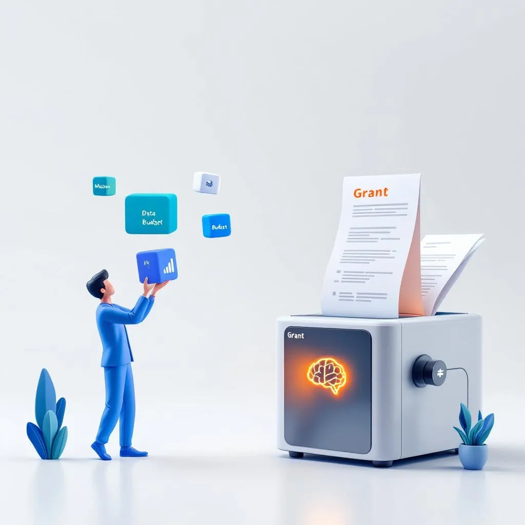 The AI-Powered Grant Writing Engine An illustration of an AI-powered workflow where a person inputs content blocks for mission, data, and budget into a machine that efficiently generates a polished grant proposal.