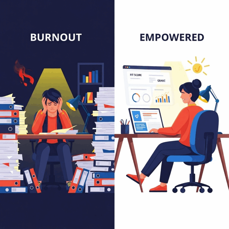 An illustration depicting the shift from a state of burnout to a state of empowerment, representing the impact of FundRobin's AI platform.