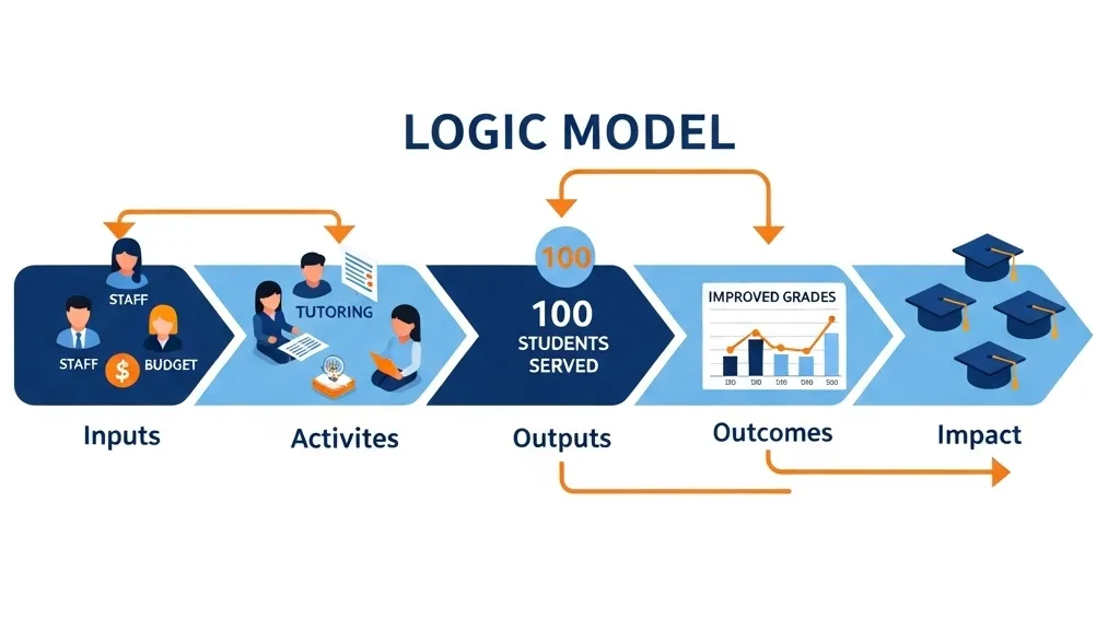 Isometric infographic showing Logic Model progression: Inputs (Staff, Budget) to Activities (Tutoring Sessions) to Outputs (100 Students Served) to Outcomes (Improved Grades) to Impact (Higher Graduation Rates) with FundRobin brand colours