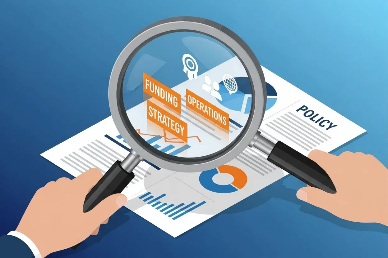 A professional corporate illustration in deep blue, light blue, and orange. A magnifying glass hovers over a document, revealing clear strategy icons. This represents the clarity FundRobin provides on policy shifts for the nonprofit sector. Modern flat design, isometric view.