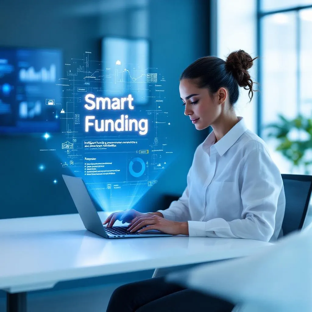 AI-Powered Grant Writing A professional using a laptop with a smart dashboard for finding funding opportunities, illustrating the use of AI in grant writing.