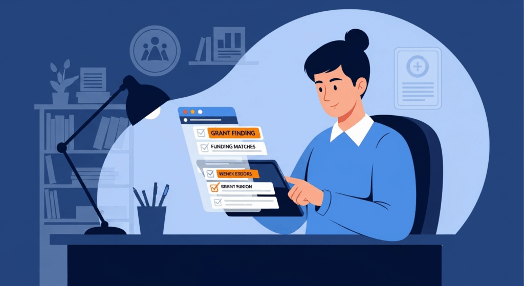 Smart Grant-Finding for Small Charities A flat design illustration showing a focused charity worker at a clean desk using a tablet displaying grant finding software with organized funding matches, set in a professional nonprofit office environment with FundRobin's blue and orange color scheme