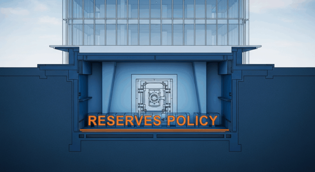 A Strong Reserves Policy is the Foundation Professional architectural cross-section illustration of a modern building foundation featuring a secure underground vault labeled reserves policy as the central foundation element, rendered in FundRobin's brand colors with clean technical drawing aesthetic