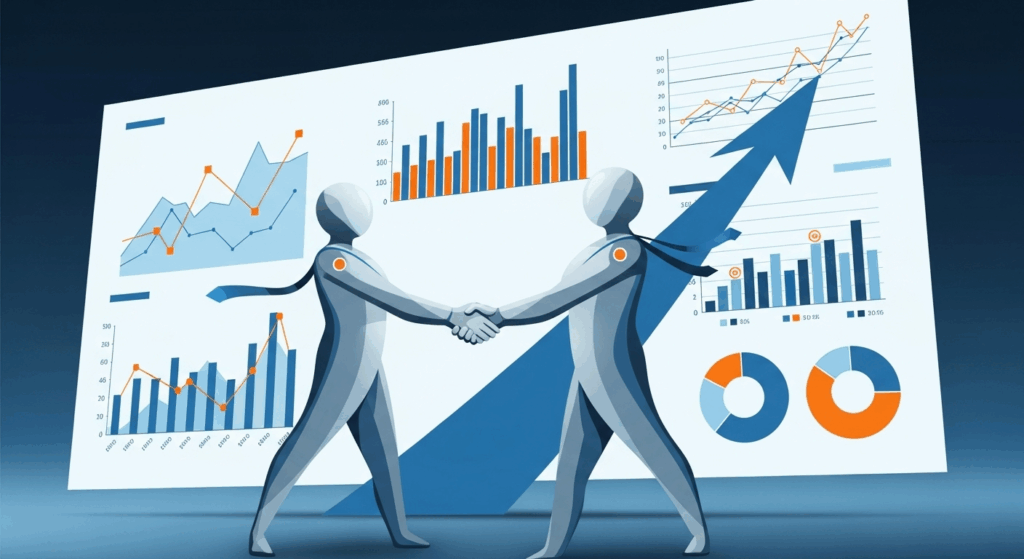 Alt Text: Table showing the Grant Opportunity Scorecard with criteria like Mission Alignment and a 1-5 rating scale. Illustration of a professional handshake in front of a data screen, representing how a high grant fit score can be used to build a strong, data-driven relationship with a funder.