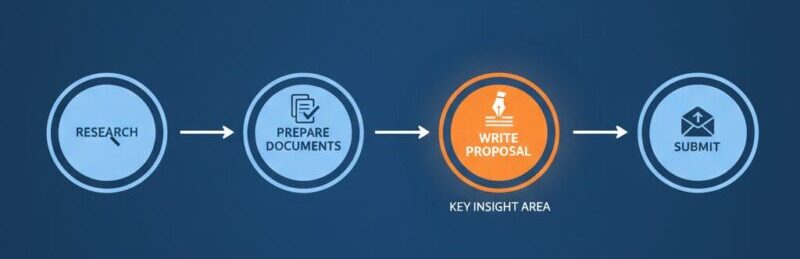 A flowchart showing the step-by-step process of a winning grant application, from initial research and document preparation to writing the proposal and submission.