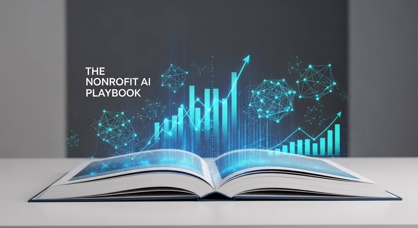 A book titled The Nonprofit AI Playbook with glowing holographic data visualizations rising from its pages, symbolizing growth.
