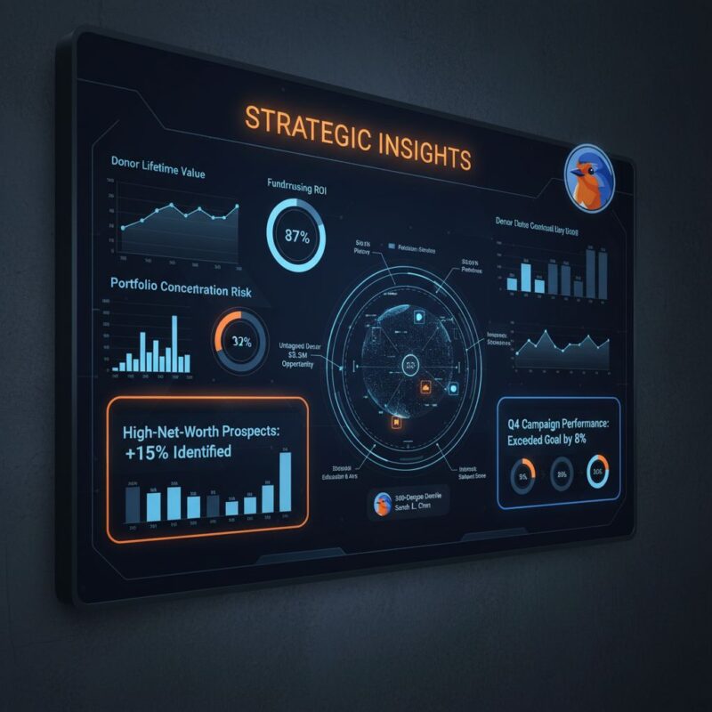 A sophisticated executive dashboard displaying key nonprofit fundraising KPIs such as donor lifetime value, ROI, and portfolio concentration risk, using a blue and orange color scheme.
