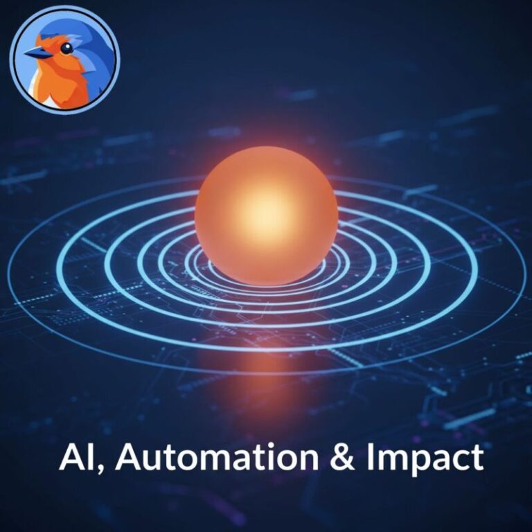 An orange orb radiates blue energy waves, symbolizing nonprofit digital transformation through AI, automation, and impact.