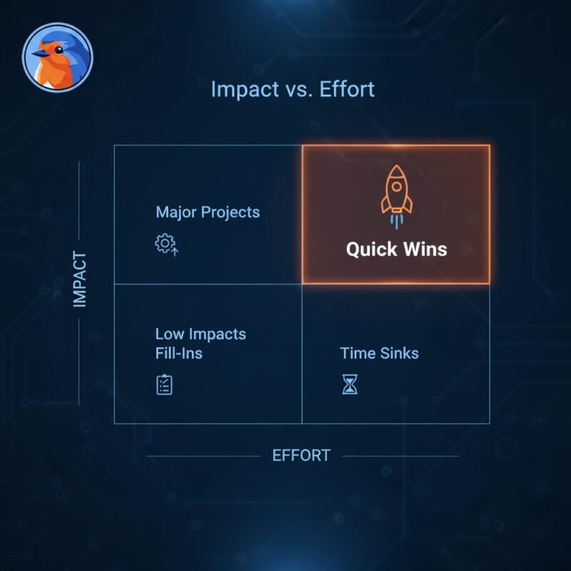 A sophisticated and elegant tech-forward design of an 'Impact vs. Effort' matrix. The visual is a clean 2x2 grid on a deep blue digital background, resembling a modern dashboard interface. The 'High Impact, Low Effort' quadrant is highlighted with a vibrant orange glow and contains a minimalist rocket icon. A clean, modern font in this quadrant spells out the words 'Quick Wins'. The other quadrants ('Major Projects', 'Fill-Ins', 'Time Sinks') are labeled in a subtle light blue. The overall aesthetic is modern, clean, and strategic.