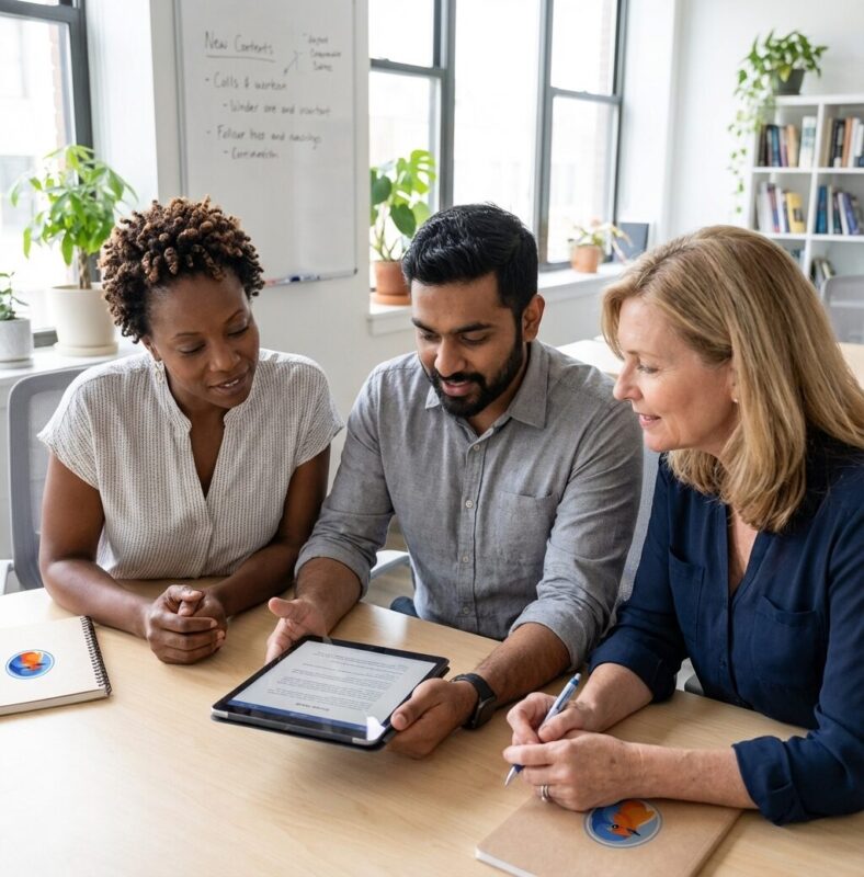 Diverse nonprofit team collaborating around a whiteboard with an AI governance roadmap