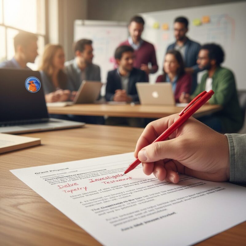 A red pen editing checklist crossing out words like delve and tapestry