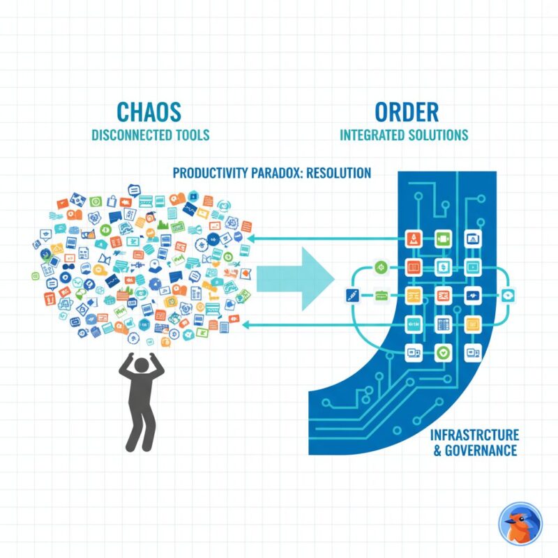 Frustrated nonprofit leader looking at multiple screens with overwhelming software icons