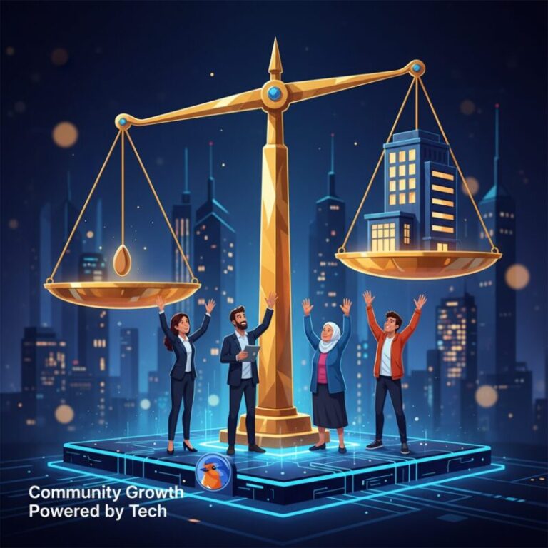 Illustration of a golden scale balancing community growth and urban development, with diverse people on a tech platform, against a city skyline. Text: Community Growth Powered by Tech.