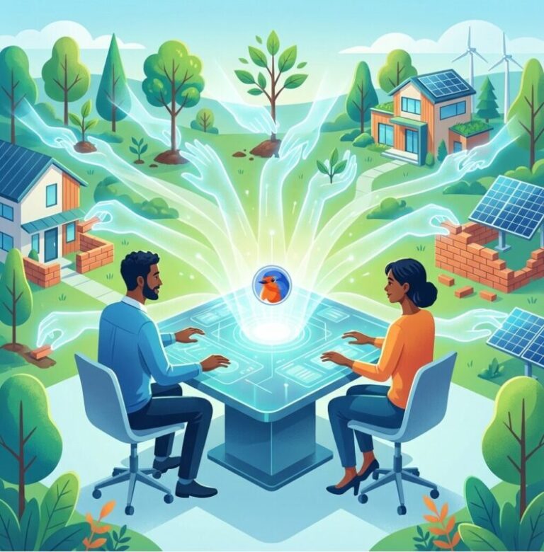 Two people at a glowing digital table controlling a sustainable environment with houses, solar panels, trees, and wind turbines via holographic hands.