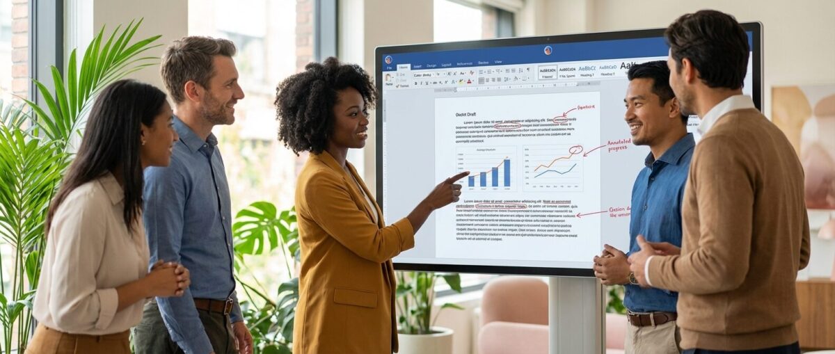 A diverse group of five business professionals collaborate around a large interactive display showing a document with charts and annotations in an office.