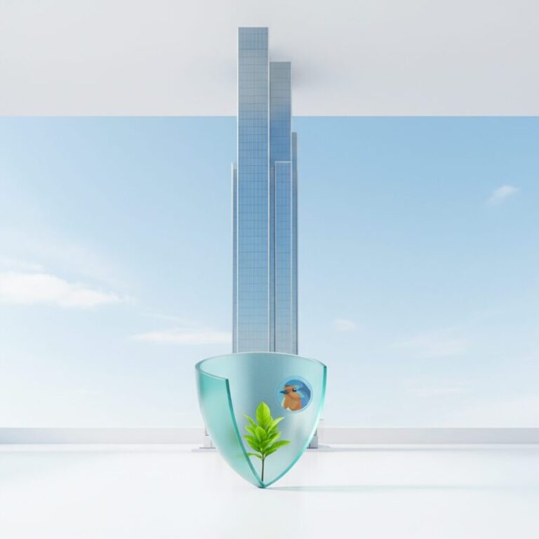 A clear shield with a green plant and a bird icon stands in front of a modern skyscraper under a blue sky, symbolizing environmental protection.