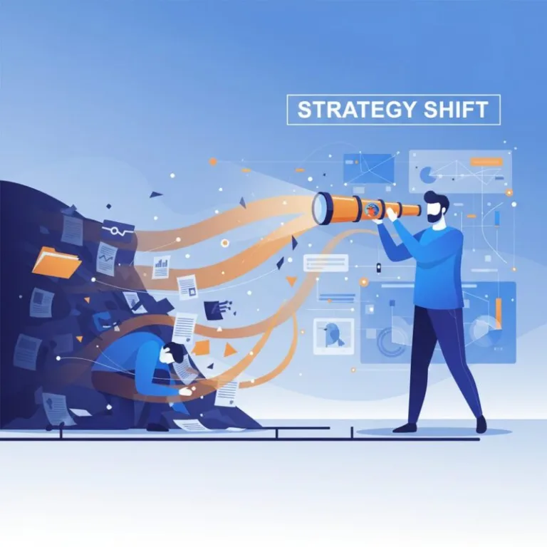 Man with telescope looks toward strategy shift, while colleague struggles with paperwork. Business vision and change.