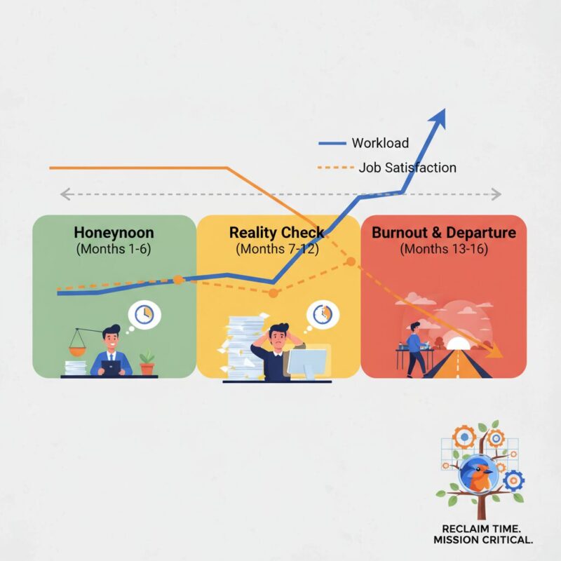 Timeline infographic showing the 16-month cycle of grant writer burnout