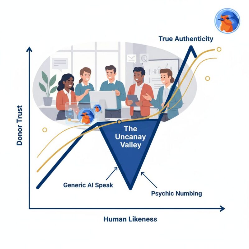 Visual graph illustrating the Uncanny Valley of text where trust dips as content becomes almost human