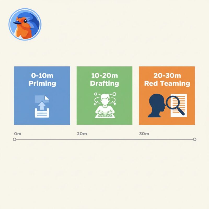 30-minute AI grant writing workflow timeline: Priming, Drafting, and Red Teaming phases
