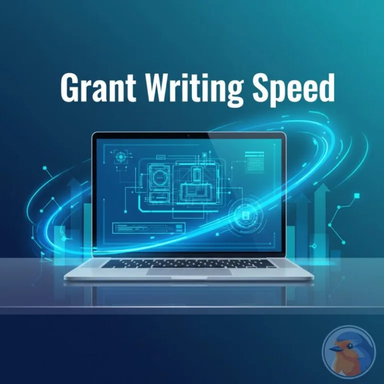 Grant Writing Speed featured image with digital blueprint on laptop