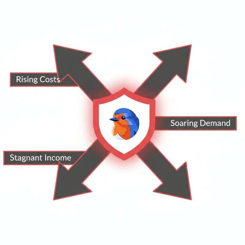 Infographic illustrating the Triple Crunch of rising costs, stagnant income, and soaring demand facing UK charities