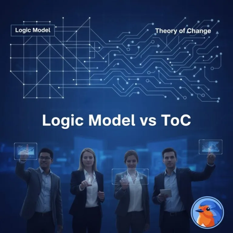Logic Model vs Theory of Change featured image with blue gradient and geometric patterns