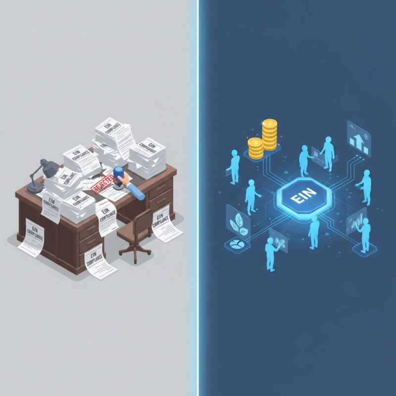 Split screen illustration comparing manual EIN compliance paperwork versus digital strategic grant intelligence